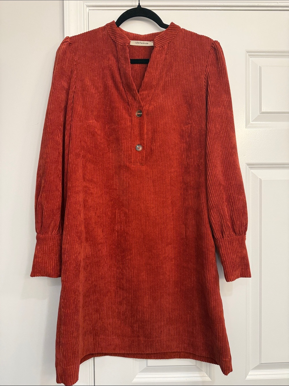 La Fee Maraboutee Women's Corduroy Long-Sleeve Shift Dress in Rust
